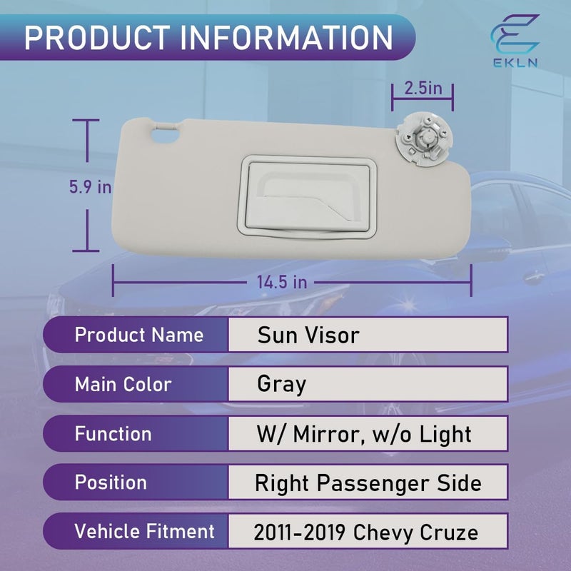 EKLN Sun Visor Right Passenger Side RH with Mirror, Fit for 2011-2019 Chevy Cruze, Replaces OE# 95034256 95034253, Color: Gray (Right Passenger Side) - Image 2